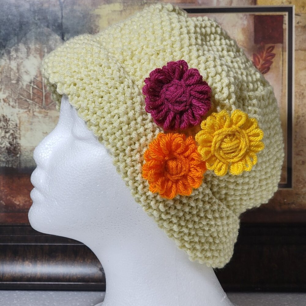 Knit Hat in Popcorn Stitch with Flowers